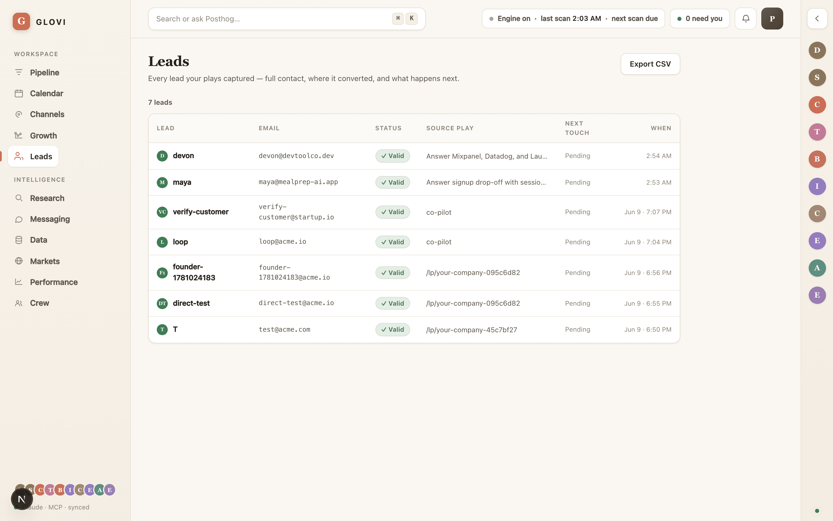 The Glovi workspace with founder-visible work receipts