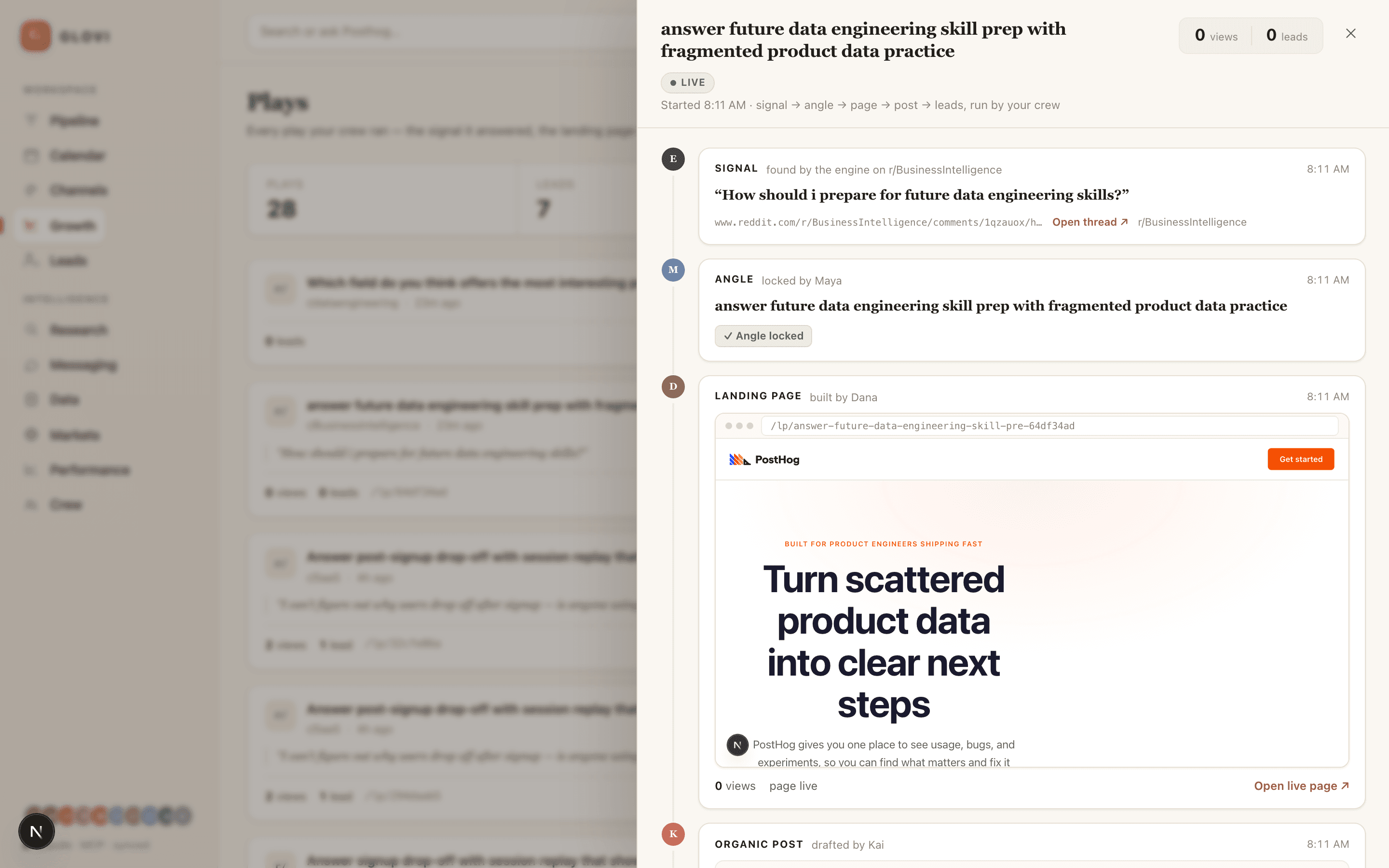 A live play's drill-in: the found signal, the locked angle, the built landing page, and the drafted post